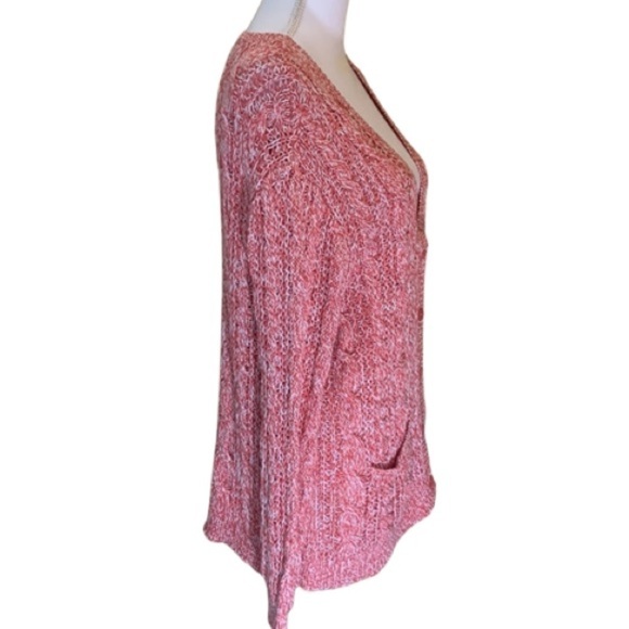Garnet Hill pink/white cable knit cardigan, large, lightweight, cottagecore - Picture 2 of 6